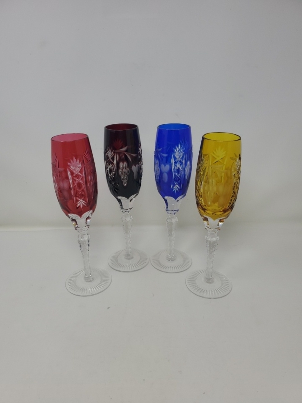 Set of 4 Cut to Clear Crystal Champagne Flutes - Red, Ruby, Cobalt, Amber